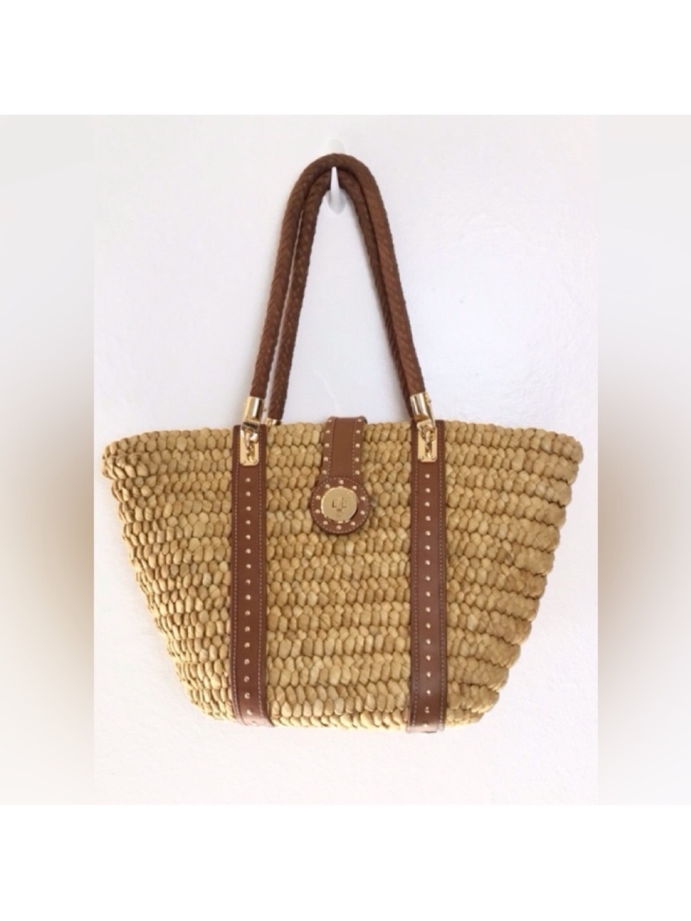 Michael Kors Straw Woven Shoulder Bag with Brown Trim